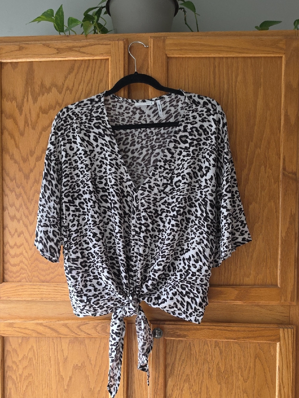 Tie-Front Leopard Print Blouse - Black and White